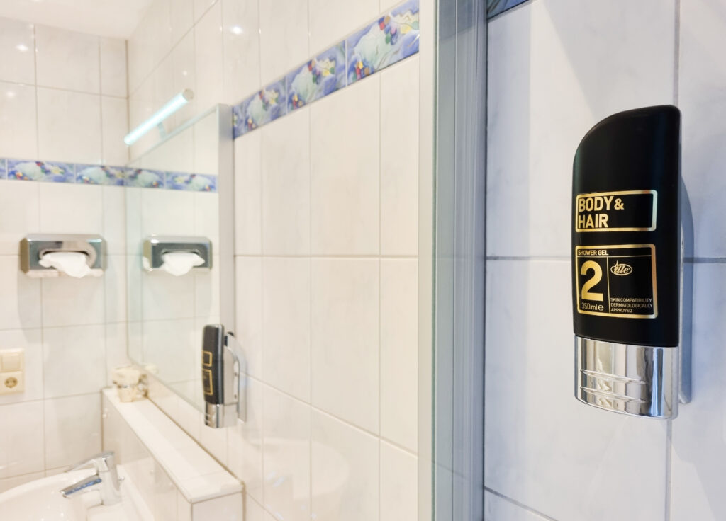 Bad mit Pflegeprodukten, Shampoo und Handwaschseife im Hotel Landhaus Waldesruh in Lauterbad